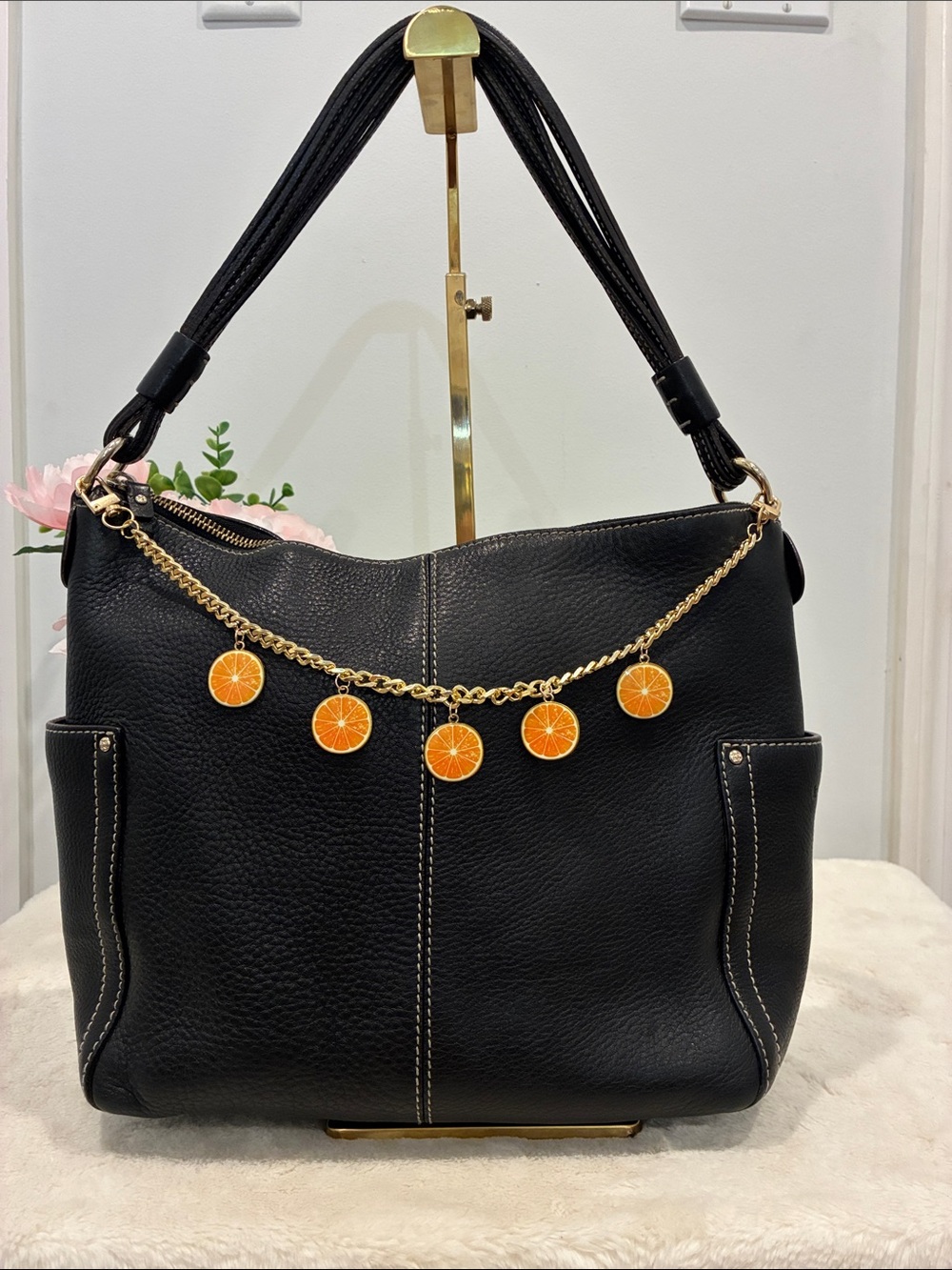 Kate Spade New York Black Pebbled Leather Hobo Contrast Stitch Polka Dot Lining